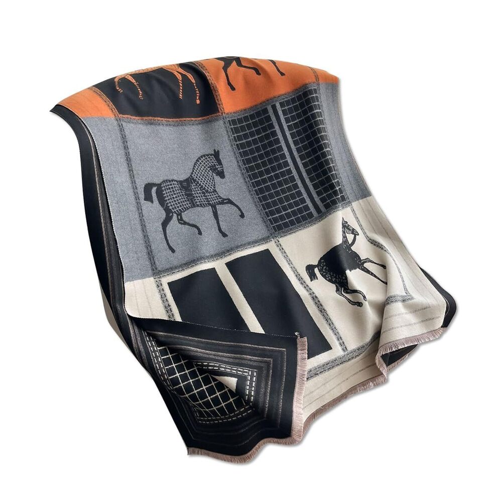 6182 Winter Scarf Cashmere Shawl Color Blocked Plaid Retro Horse Pattern